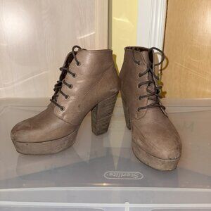 Leather Platform Heeled Lace-Up Ankle Boots